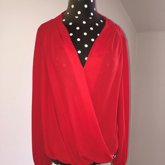 Boston Proper Red Blouse with Jeweled Cuffs and High/Low Hem - Picture 1 of 7